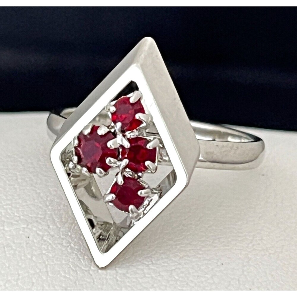 Vintage 1960s Cocktail Ring Mid Century Modern Red Rhinestone Silver Tone - 4I